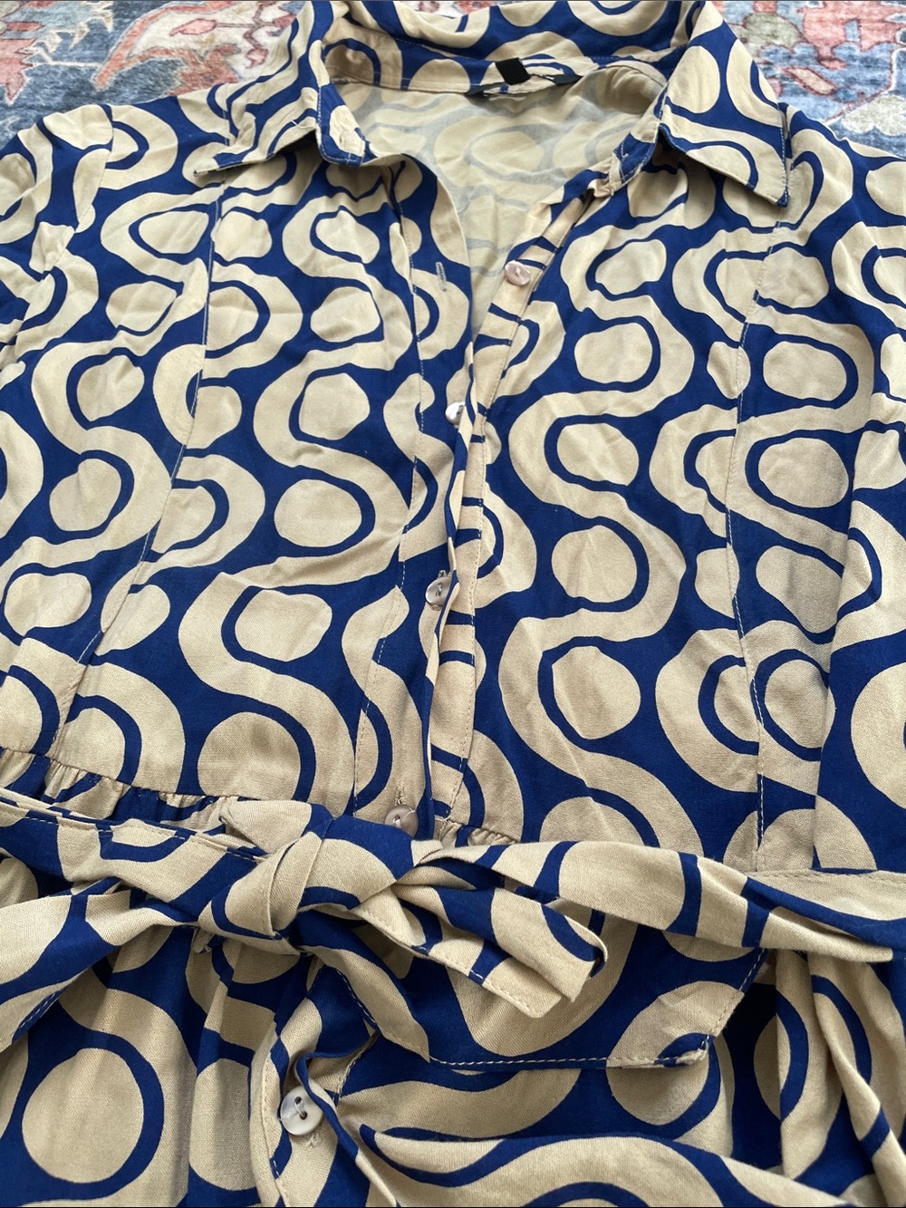 Belted Navy and Cream Button-Front Shirt Dress - Picture 5 of 5